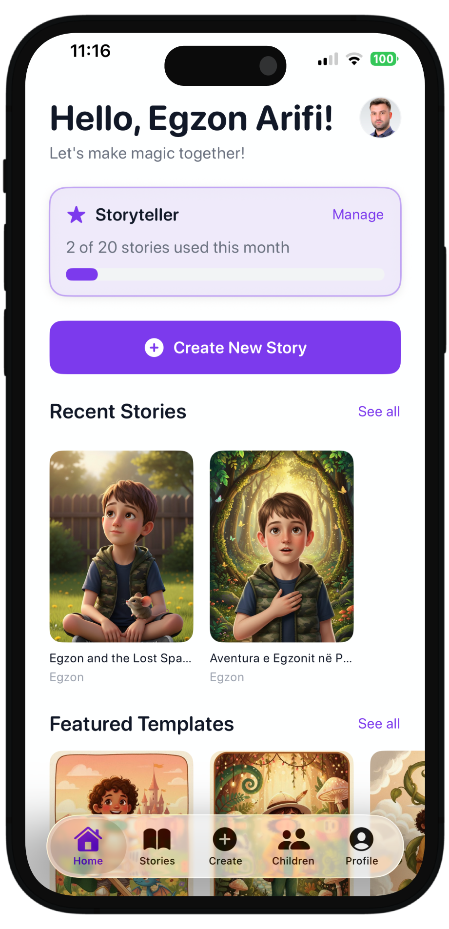 WonderTales app showing Create New Story and recent stories