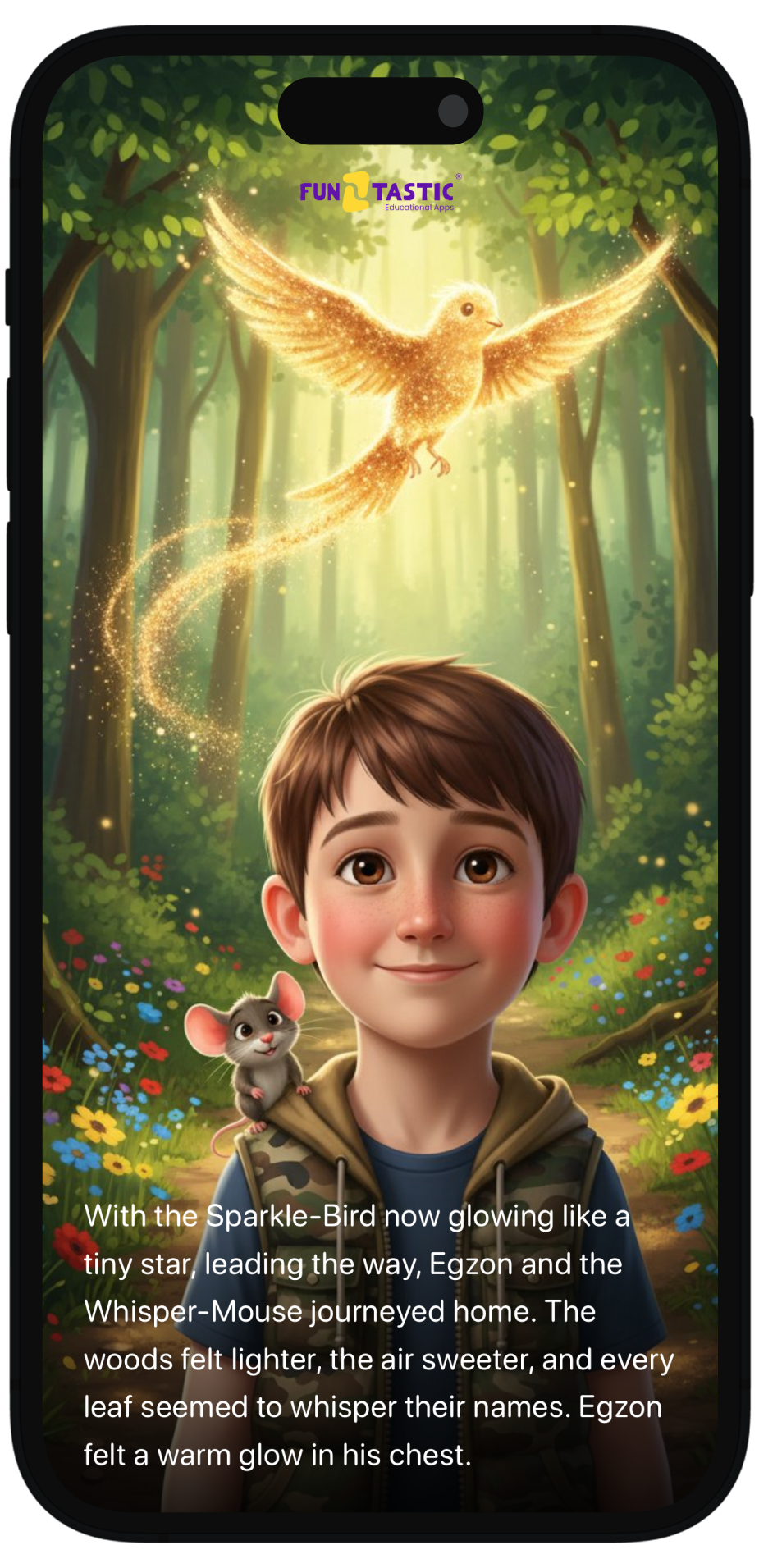 Sample story illustration - Egzon and Whisper-Mouse in a magical forest